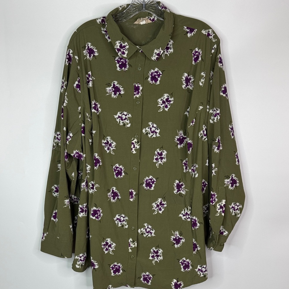 Duluth Trading Co DuluthFlex Sidewinder Green Floral Tunic Button Up Shirt 3X